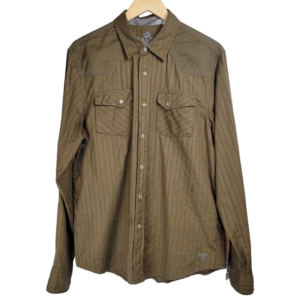 Guess Western Shirt Mens Long Sleeve Button Down Brown Striped Size Large